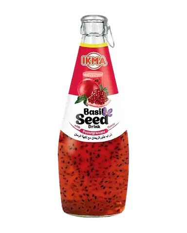 A bottle of IKMA pomegranate basil seed drink